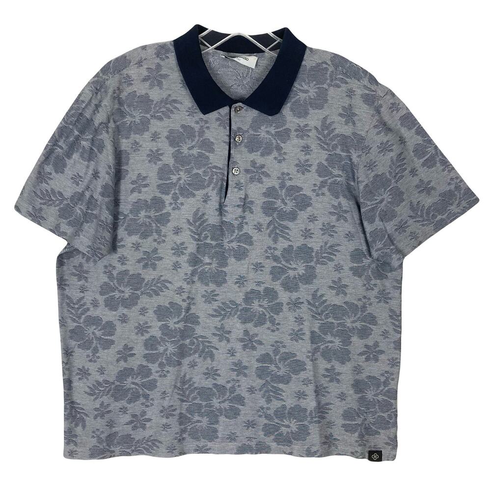 GRAN SASSO Polo Shirt Men 52~L ITALY Floral Grey Navy Collar Short-Sleeve